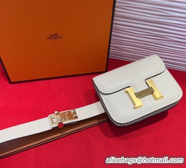 Cheap Price Hermes Constance Slim Pouch Belt 2.4cm in Grained Calfskin with Studs Buckle H072401 White 2025