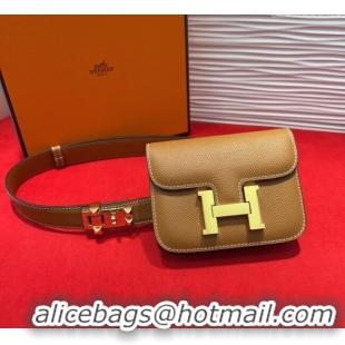 Luxury Cheap Hermes Constance Slim Pouch Belt 2.4cm in Grained Calfskin with Studs Buckle H072401 Brown 2025