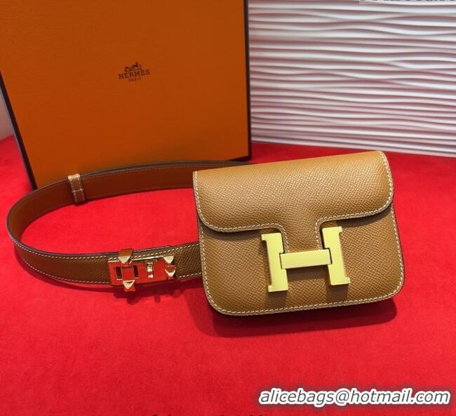 Luxury Cheap Hermes Constance Slim Pouch Belt 2.4cm in Grained Calfskin with Studs Buckle H072401 Brown 2025