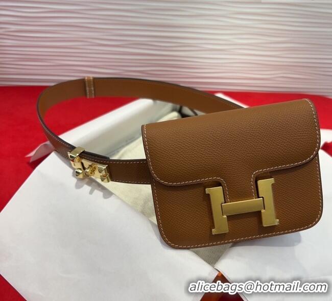 Luxury Cheap Hermes Constance Slim Pouch Belt 2.4cm in Grained Calfskin with Studs Buckle H072401 Brown 2025