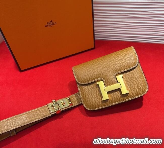 Luxury Cheap Hermes Constance Slim Pouch Belt 2.4cm in Grained Calfskin with Studs Buckle H072401 Brown 2025