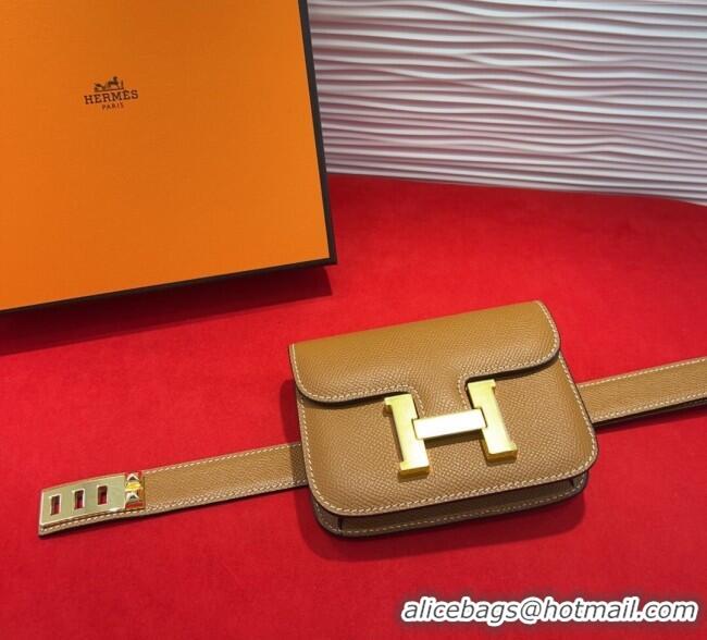 Luxury Cheap Hermes Constance Slim Pouch Belt 2.4cm in Grained Calfskin with Studs Buckle H072401 Brown 2025