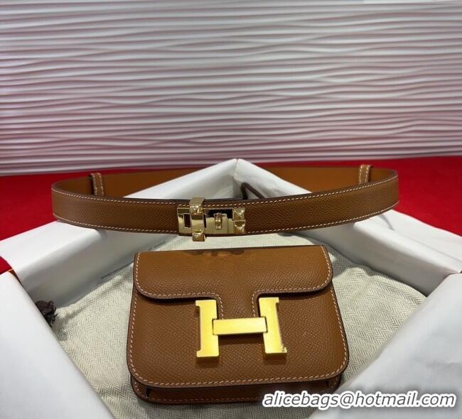 Luxury Cheap Hermes Constance Slim Pouch Belt 2.4cm in Grained Calfskin with Studs Buckle H072401 Brown 2025