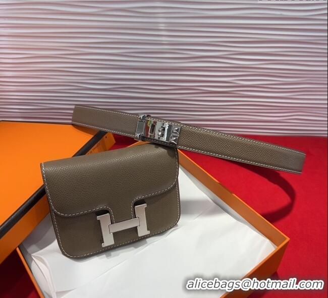 Best Product Hermes Constance Slim Pouch Belt 2.4cm in Grained Calfskin with Studs Buckle H072402 Grey 2025