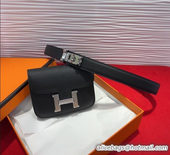 Buy Cheap Hermes Constance Slim Pouch Belt 2.4cm in Grained Calfskin with Studs Buckle H072402 Black 2025