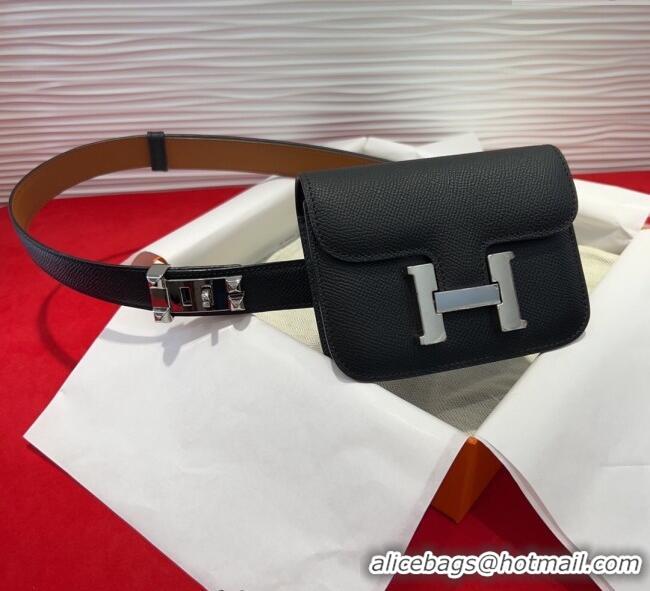 Buy Cheap Hermes Constance Slim Pouch Belt 2.4cm in Grained Calfskin with Studs Buckle H072402 Black 2025