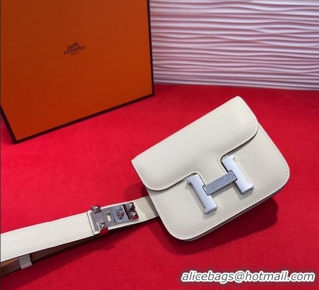 Top Quality Hermes Constance Slim Pouch Belt 2.4cm in Grained Calfskin with Studs Buckle H072402 White 2025