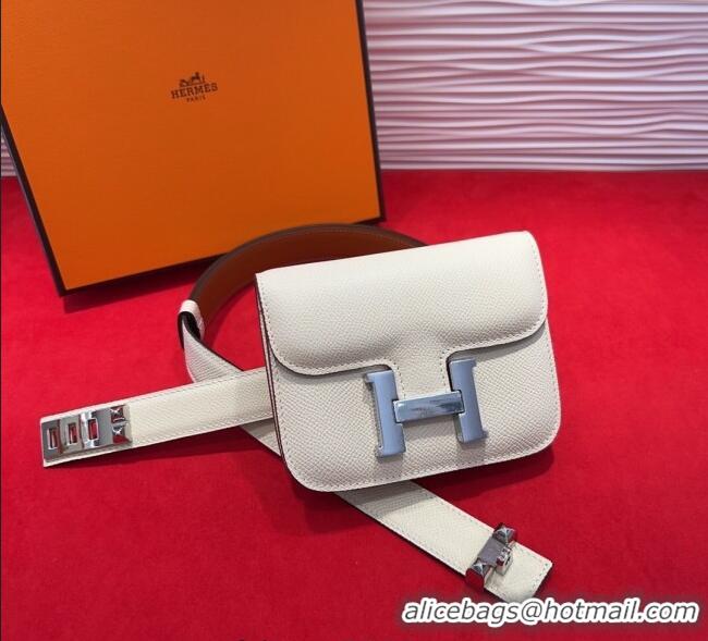 Top Quality Hermes Constance Slim Pouch Belt 2.4cm in Grained Calfskin with Studs Buckle H072402 White 2025