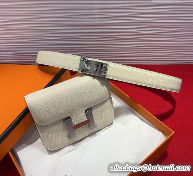 Top Quality Hermes Constance Slim Pouch Belt 2.4cm in Grained Calfskin with Studs Buckle H072402 White 2025