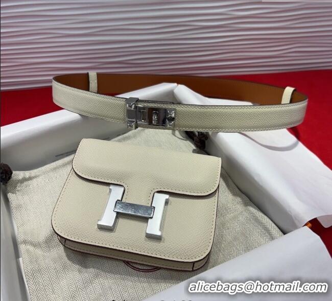 Top Quality Hermes Constance Slim Pouch Belt 2.4cm in Grained Calfskin with Studs Buckle H072402 White 2025