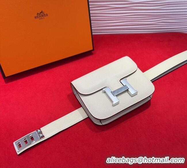 Top Quality Hermes Constance Slim Pouch Belt 2.4cm in Grained Calfskin with Studs Buckle H072402 White 2025