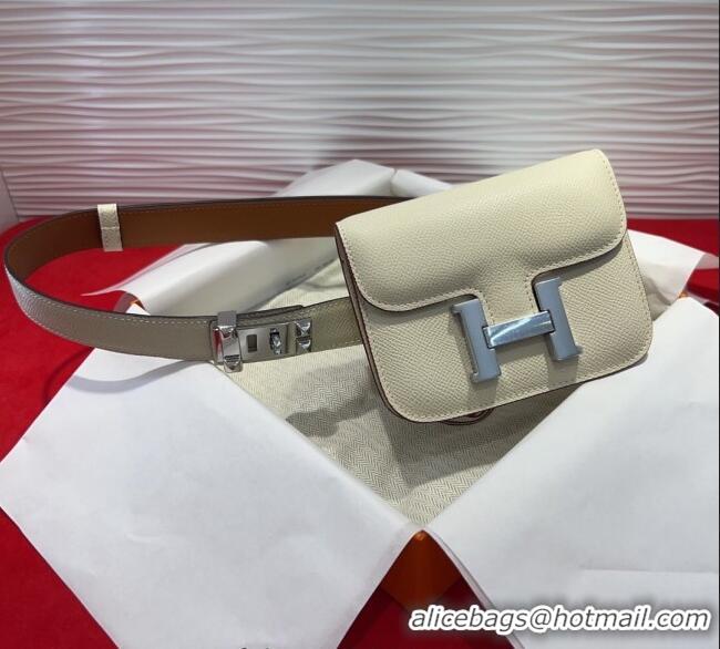 Top Quality Hermes Constance Slim Pouch Belt 2.4cm in Grained Calfskin with Studs Buckle H072402 White 2025