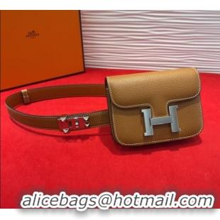Top Quality Hermes Constance Slim Pouch Belt 2.4cm in Grained Calfskin with Studs Buckle H072402 Brown 2025