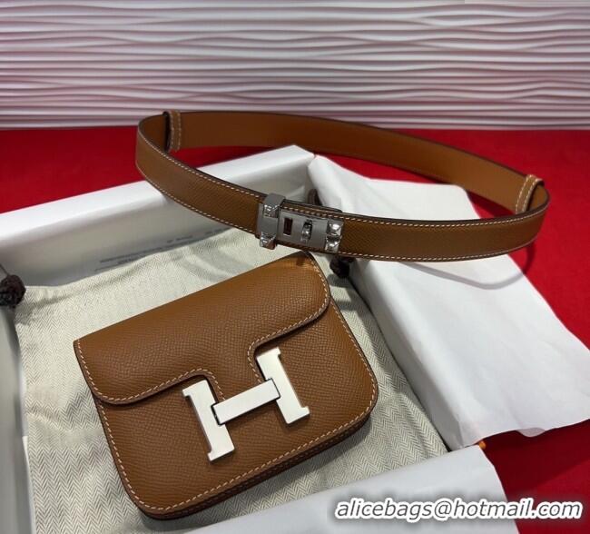 Top Quality Hermes Constance Slim Pouch Belt 2.4cm in Grained Calfskin with Studs Buckle H072402 Brown 2025