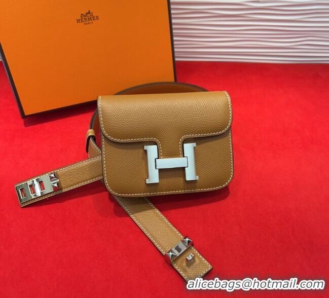 Top Quality Hermes Constance Slim Pouch Belt 2.4cm in Grained Calfskin with Studs Buckle H072402 Brown 2025