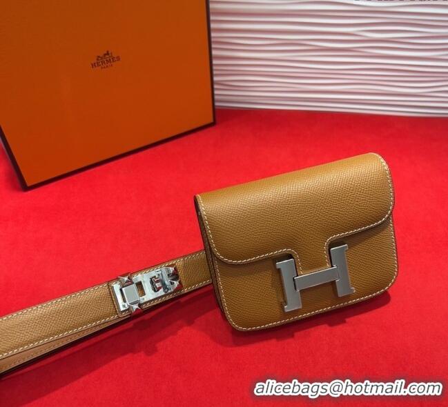 Top Quality Hermes Constance Slim Pouch Belt 2.4cm in Grained Calfskin with Studs Buckle H072402 Brown 2025
