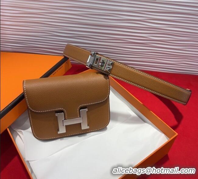 Top Quality Hermes Constance Slim Pouch Belt 2.4cm in Grained Calfskin with Studs Buckle H072402 Brown 2025