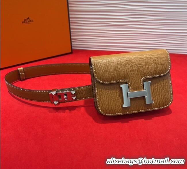 Top Quality Hermes Constance Slim Pouch Belt 2.4cm in Grained Calfskin with Studs Buckle H072402 Brown 2025