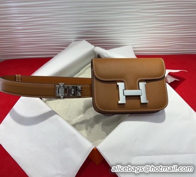 Top Quality Hermes Constance Slim Pouch Belt 2.4cm in Grained Calfskin with Studs Buckle H072402 Brown 2025