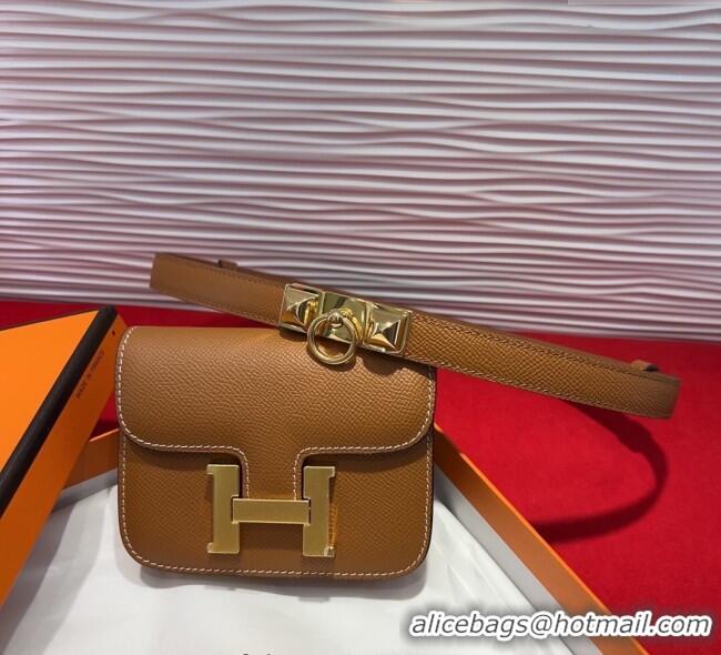Luxury Classic Hermes Constance Slim Pouch Belt 1.7cm in Grained Calfskin with Stud Ring Buckle H072403 Brown 2025
