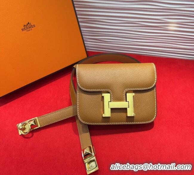 Luxury Classic Hermes Constance Slim Pouch Belt 1.7cm in Grained Calfskin with Stud Ring Buckle H072403 Brown 2025