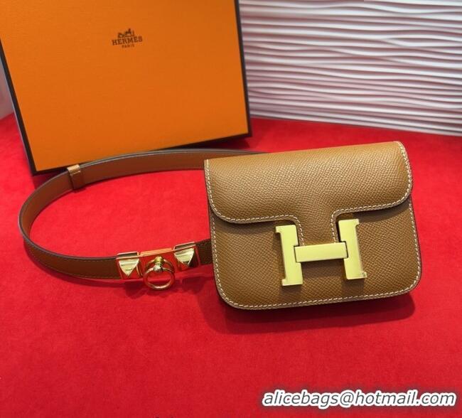Luxury Classic Hermes Constance Slim Pouch Belt 1.7cm in Grained Calfskin with Stud Ring Buckle H072403 Brown 2025