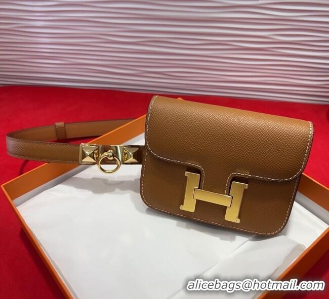 Luxury Classic Hermes Constance Slim Pouch Belt 1.7cm in Grained Calfskin with Stud Ring Buckle H072403 Brown 2025