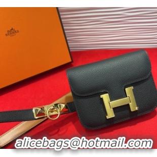 Inexpensive Hermes Constance Slim Pouch Belt 1.7cm in Grained Calfskin with Stud Ring Buckle H072403 Black 2025