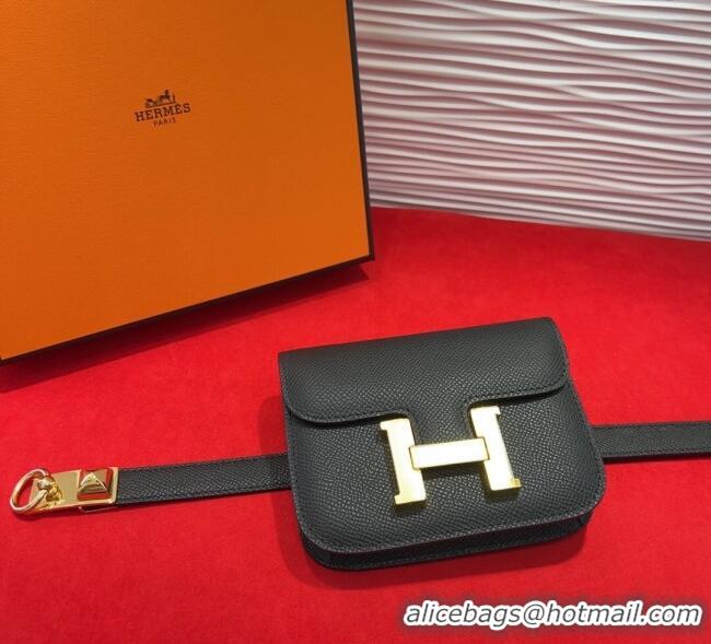 Inexpensive Hermes Constance Slim Pouch Belt 1.7cm in Grained Calfskin with Stud Ring Buckle H072403 Black 2025
