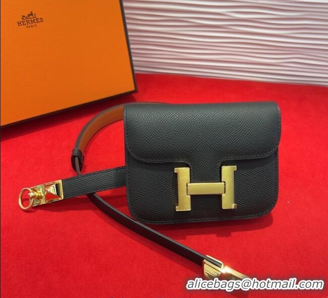 Inexpensive Hermes Constance Slim Pouch Belt 1.7cm in Grained Calfskin with Stud Ring Buckle H072403 Black 2025