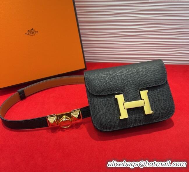 Inexpensive Hermes Constance Slim Pouch Belt 1.7cm in Grained Calfskin with Stud Ring Buckle H072403 Black 2025