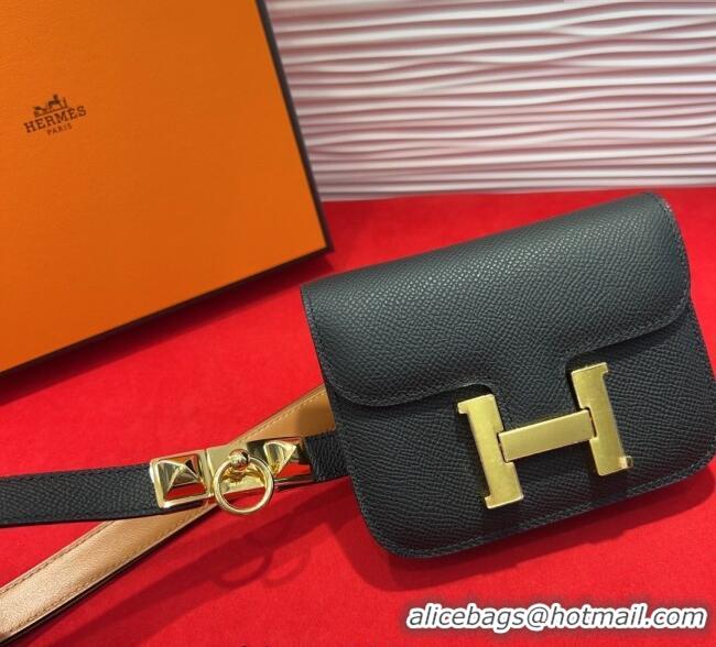 Inexpensive Hermes Constance Slim Pouch Belt 1.7cm in Grained Calfskin with Stud Ring Buckle H072403 Black 2025
