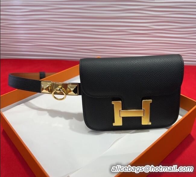 Inexpensive Hermes Constance Slim Pouch Belt 1.7cm in Grained Calfskin with Stud Ring Buckle H072403 Black 2025