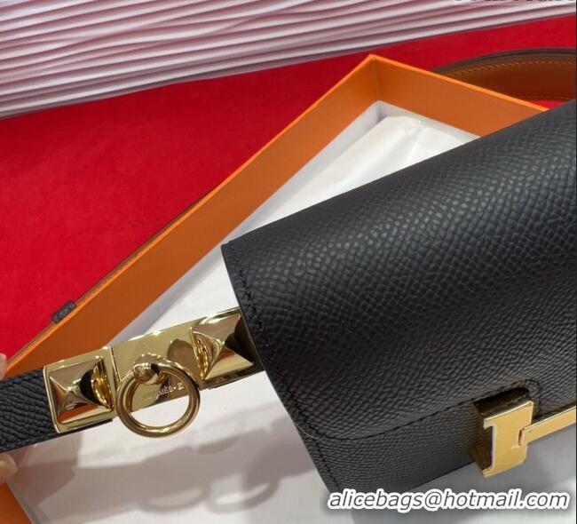 Inexpensive Hermes Constance Slim Pouch Belt 1.7cm in Grained Calfskin with Stud Ring Buckle H072403 Black 2025