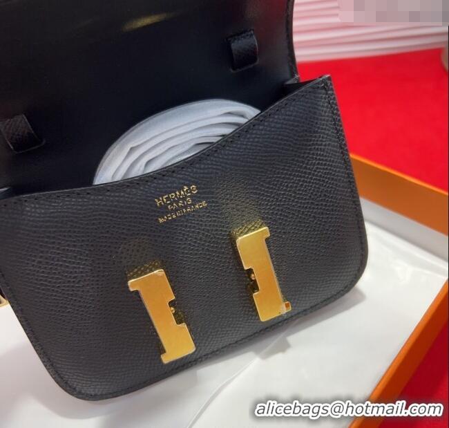 Inexpensive Hermes Constance Slim Pouch Belt 1.7cm in Grained Calfskin with Stud Ring Buckle H072403 Black 2025