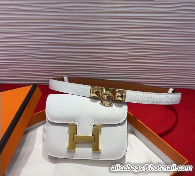 Original Cheap Hermes Constance Slim Pouch Belt 1.7cm in Grained Calfskin with Stud Ring Buckle H072403 White 2025