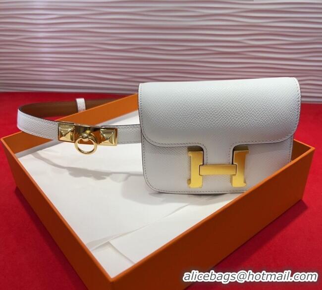 Original Cheap Hermes Constance Slim Pouch Belt 1.7cm in Grained Calfskin with Stud Ring Buckle H072403 White 2025
