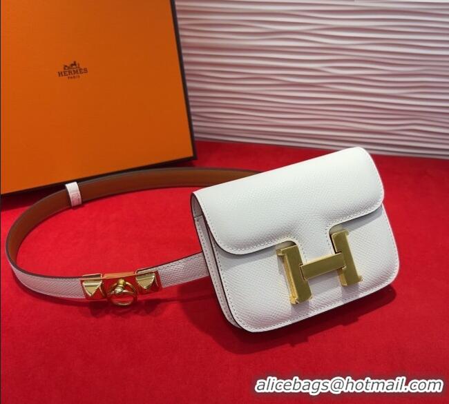 Original Cheap Hermes Constance Slim Pouch Belt 1.7cm in Grained Calfskin with Stud Ring Buckle H072403 White 2025