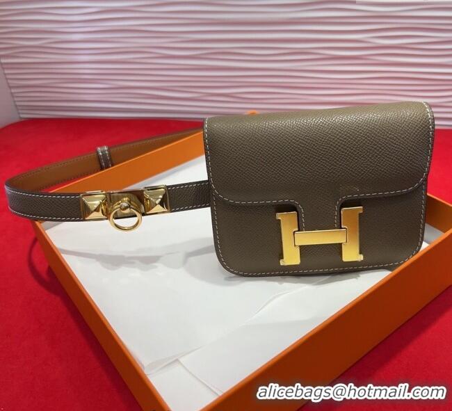 Luxury Cheap Hermes Constance Slim Pouch Belt 1.7cm in Grained Calfskin with Stud Ring Buckle H072403 Grey 2025
