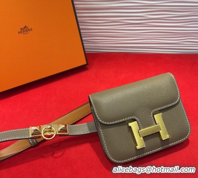 Luxury Cheap Hermes Constance Slim Pouch Belt 1.7cm in Grained Calfskin with Stud Ring Buckle H072403 Grey 2025