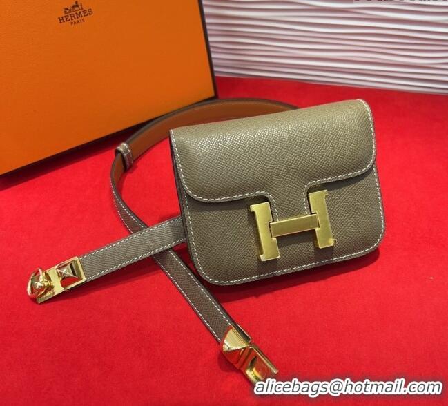 Luxury Cheap Hermes Constance Slim Pouch Belt 1.7cm in Grained Calfskin with Stud Ring Buckle H072403 Grey 2025