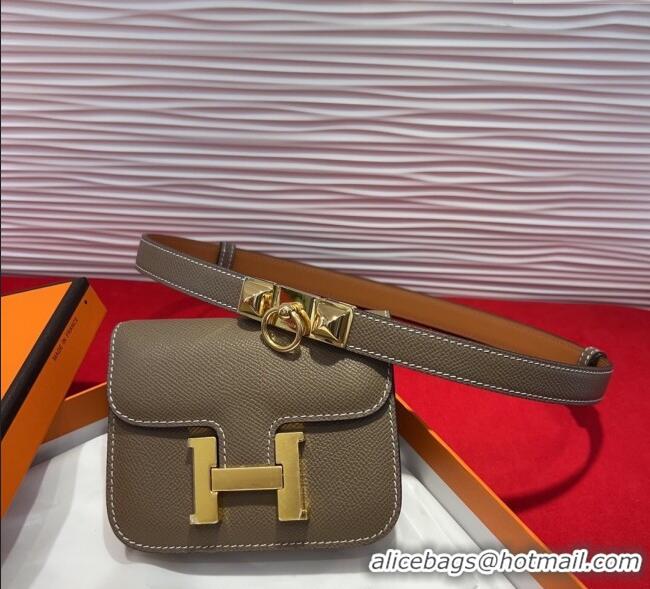 Luxury Cheap Hermes Constance Slim Pouch Belt 1.7cm in Grained Calfskin with Stud Ring Buckle H072403 Grey 2025