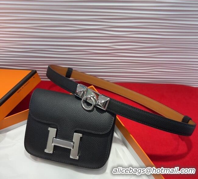 Spot Cheap Hermes Constance Slim Pouch Belt 1.7cm in Grained Calfskin with Stud Ring Buckle H072404 Black 2025