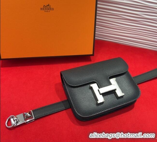 Spot Cheap Hermes Constance Slim Pouch Belt 1.7cm in Grained Calfskin with Stud Ring Buckle H072404 Black 2025