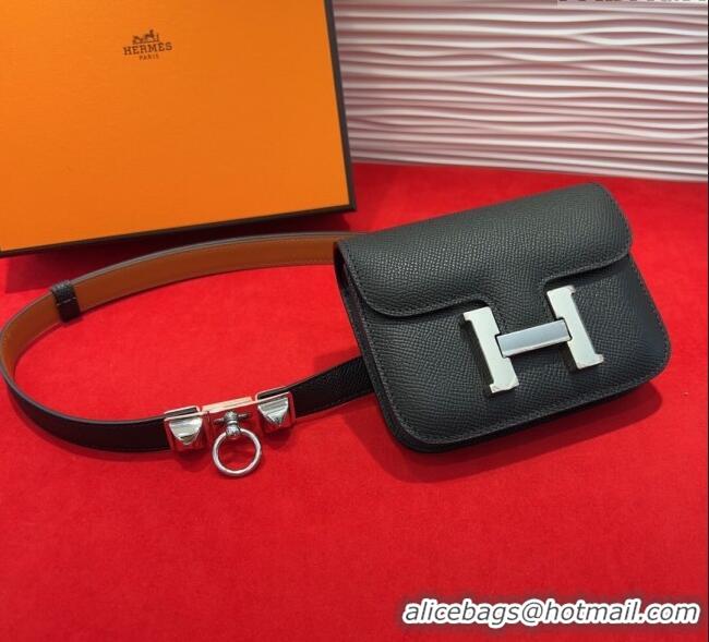 Spot Cheap Hermes Constance Slim Pouch Belt 1.7cm in Grained Calfskin with Stud Ring Buckle H072404 Black 2025
