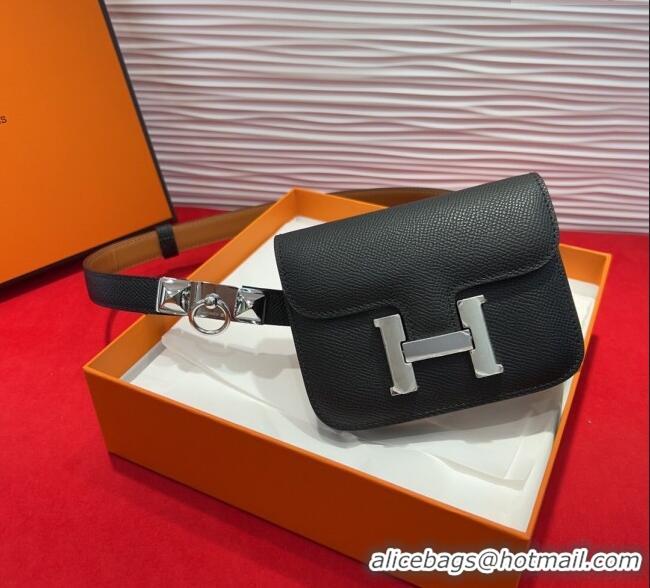 Spot Cheap Hermes Constance Slim Pouch Belt 1.7cm in Grained Calfskin with Stud Ring Buckle H072404 Black 2025
