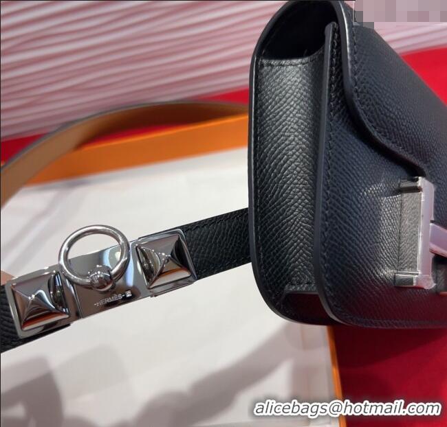 Spot Cheap Hermes Constance Slim Pouch Belt 1.7cm in Grained Calfskin with Stud Ring Buckle H072404 Black 2025