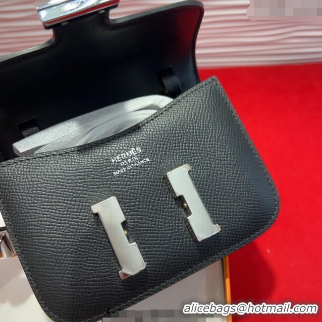 Spot Cheap Hermes Constance Slim Pouch Belt 1.7cm in Grained Calfskin with Stud Ring Buckle H072404 Black 2025