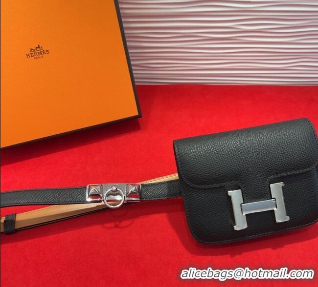 Spot Cheap Hermes Constance Slim Pouch Belt 1.7cm in Grained Calfskin with Stud Ring Buckle H072404 Black 2025