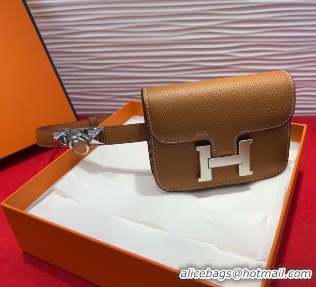 Shop Cheap Hermes Constance Slim Pouch Belt 1.7cm in Grained Calfskin with Stud Ring Buckle H072404 Brown 2025